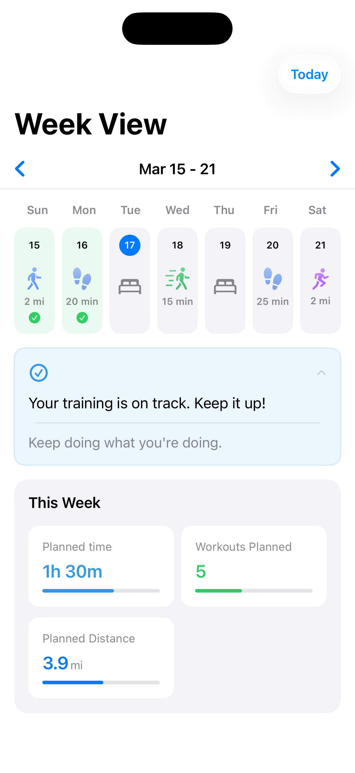 FinishStrong week view showing mixed progress